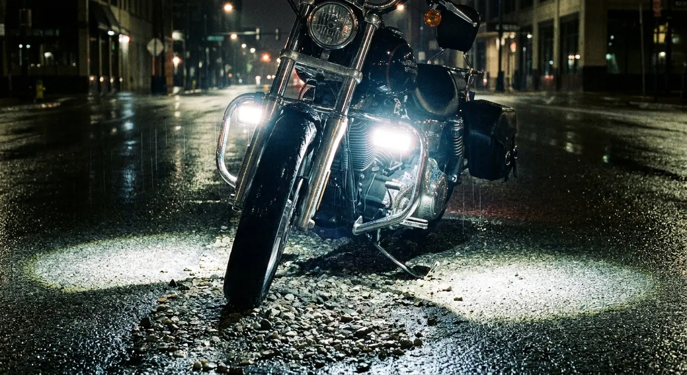 Engine guard LED illumination bars on motorcycle