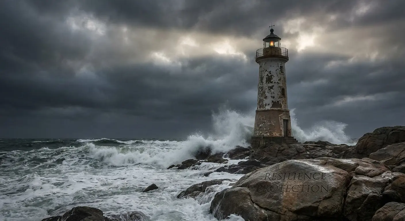 A lighthouse standing strong against crashing waves