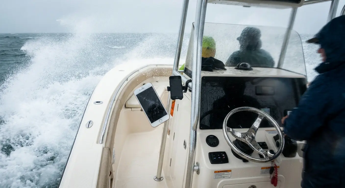 Phone mounted on boat console