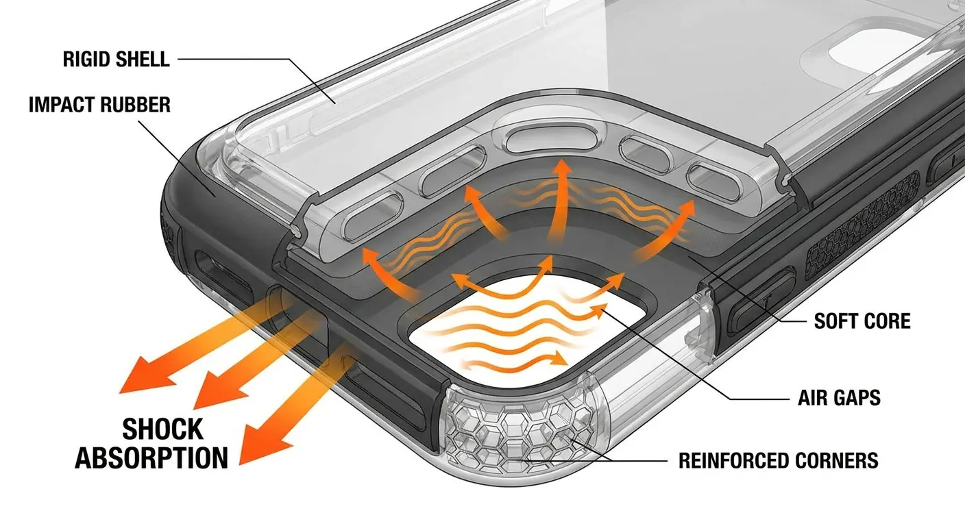 Phone case shock absorption layers
