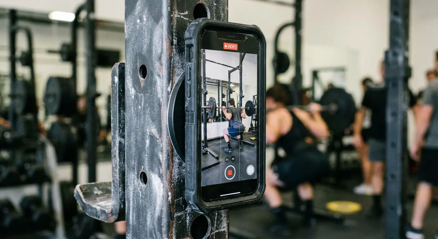 Phone magnetically mounted to gym equipment