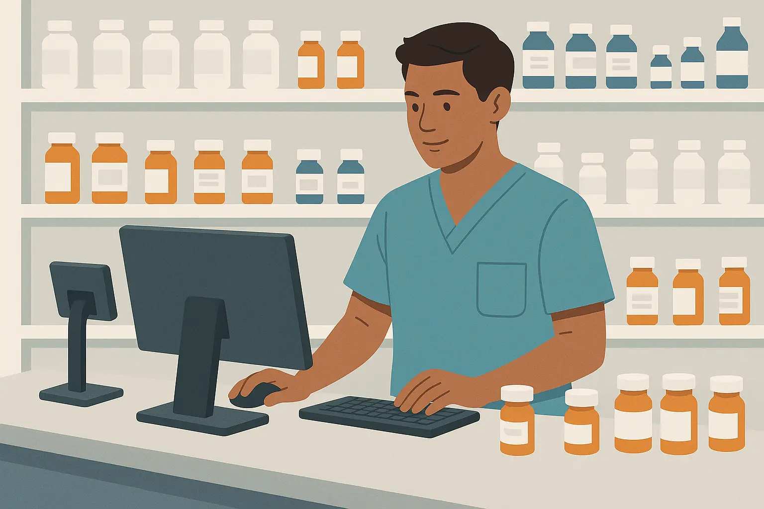 Certified pharmacy technician working in modern pharmacy setting
