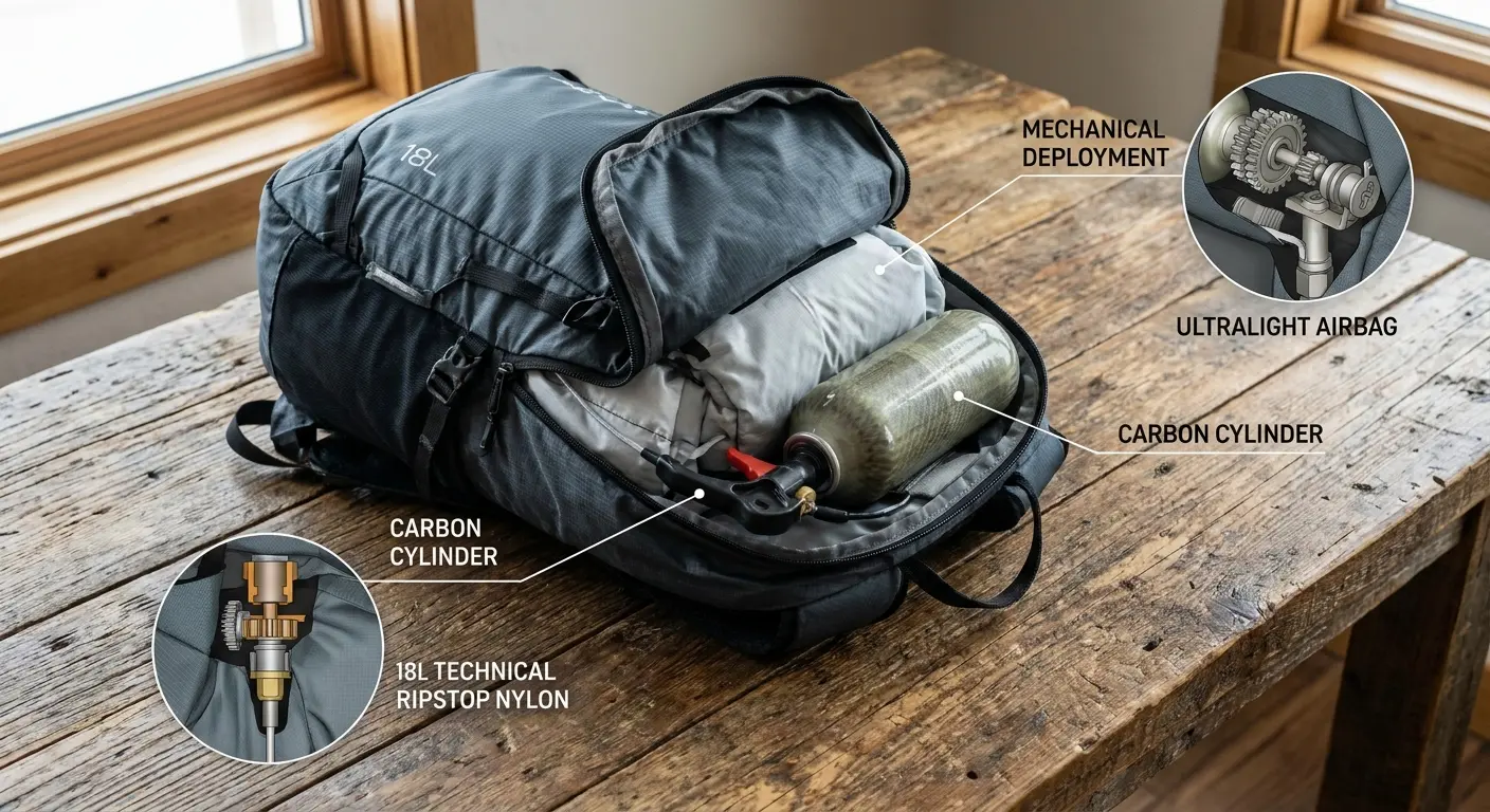 Compact avalanche airbag pack for backcountry