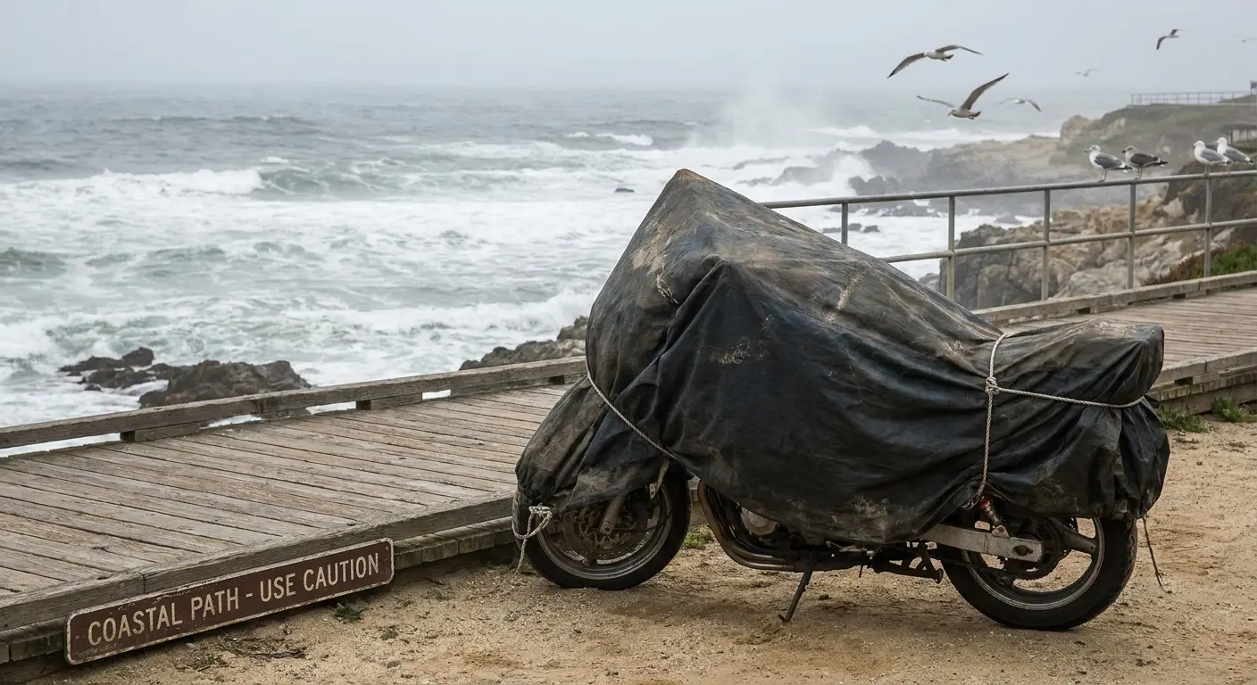Motorcycle cover protecting against coastal salt air
