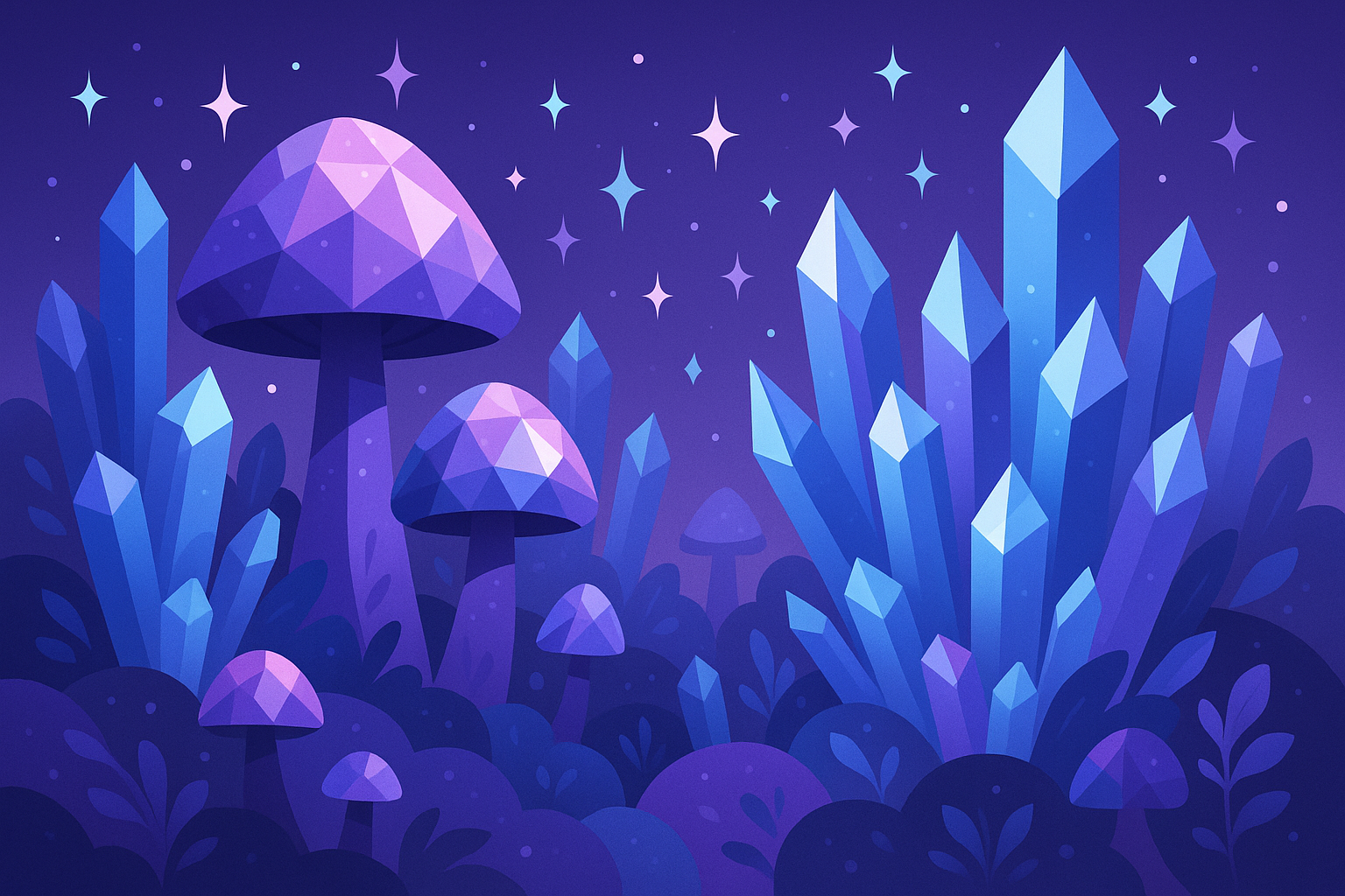 Crystal mushroom garden with gem-like textures and iridescent colors