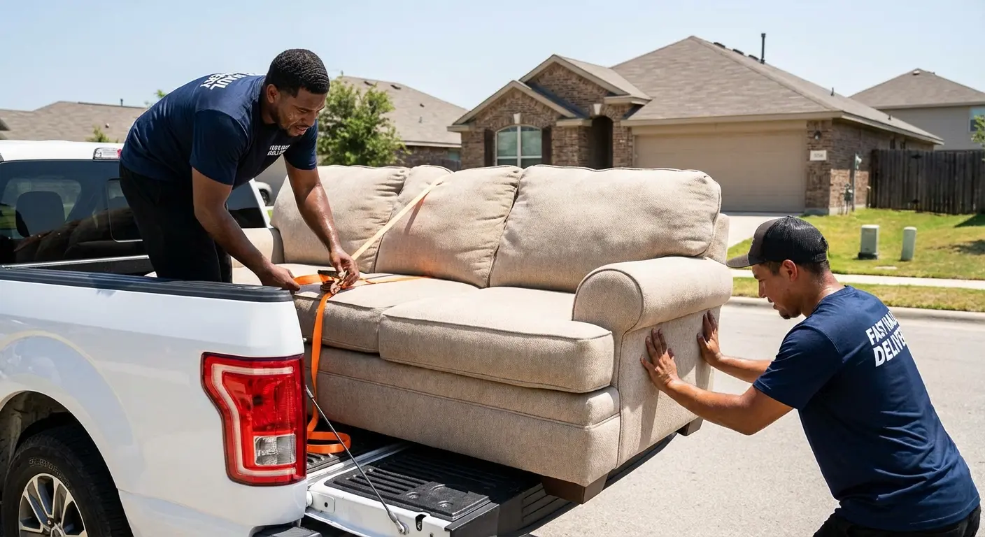 Pickup truck being loaded with furniture for Bungii delivery