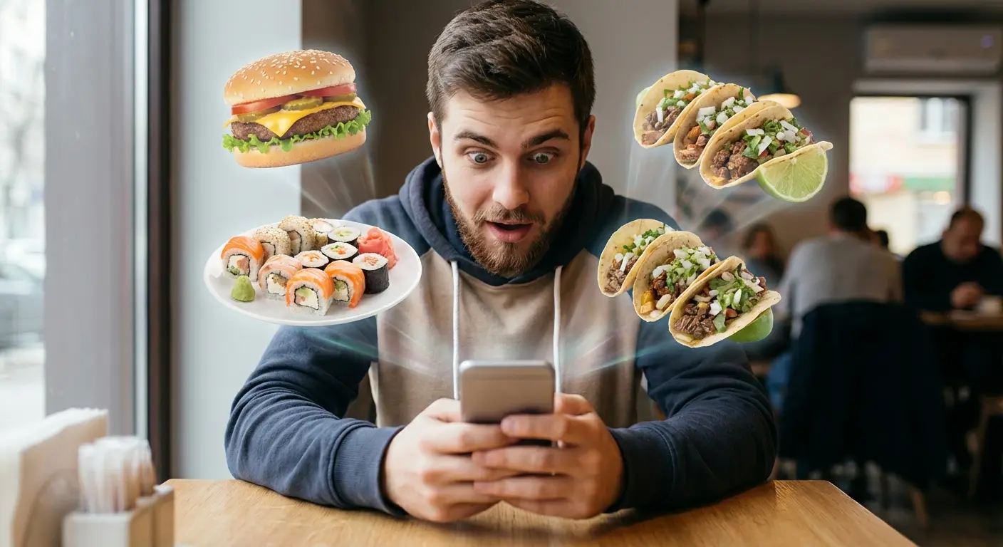 Person holding a smartphone displaying a food delivery app interface