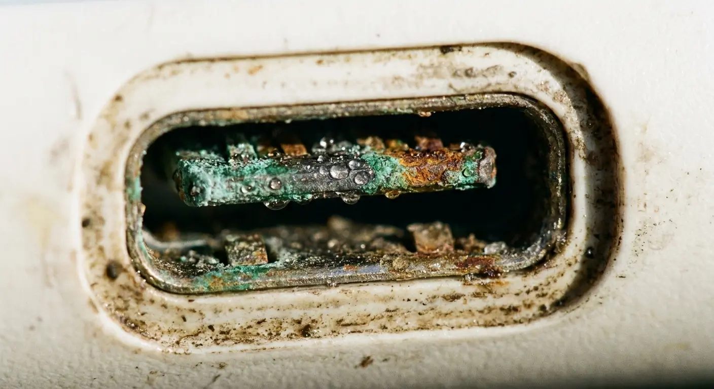 Water damage and corrosion in phone charging port