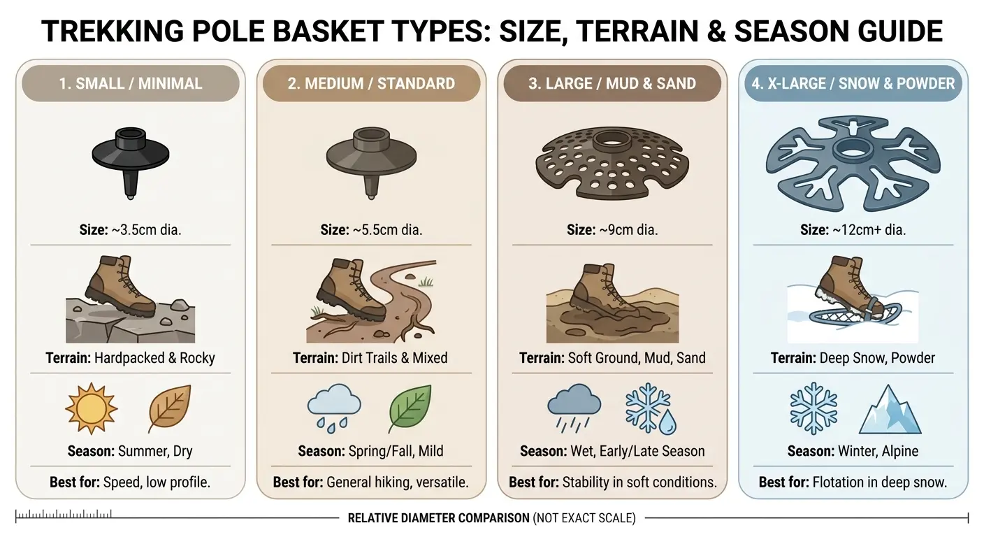 Trekking pole baskets for different seasons