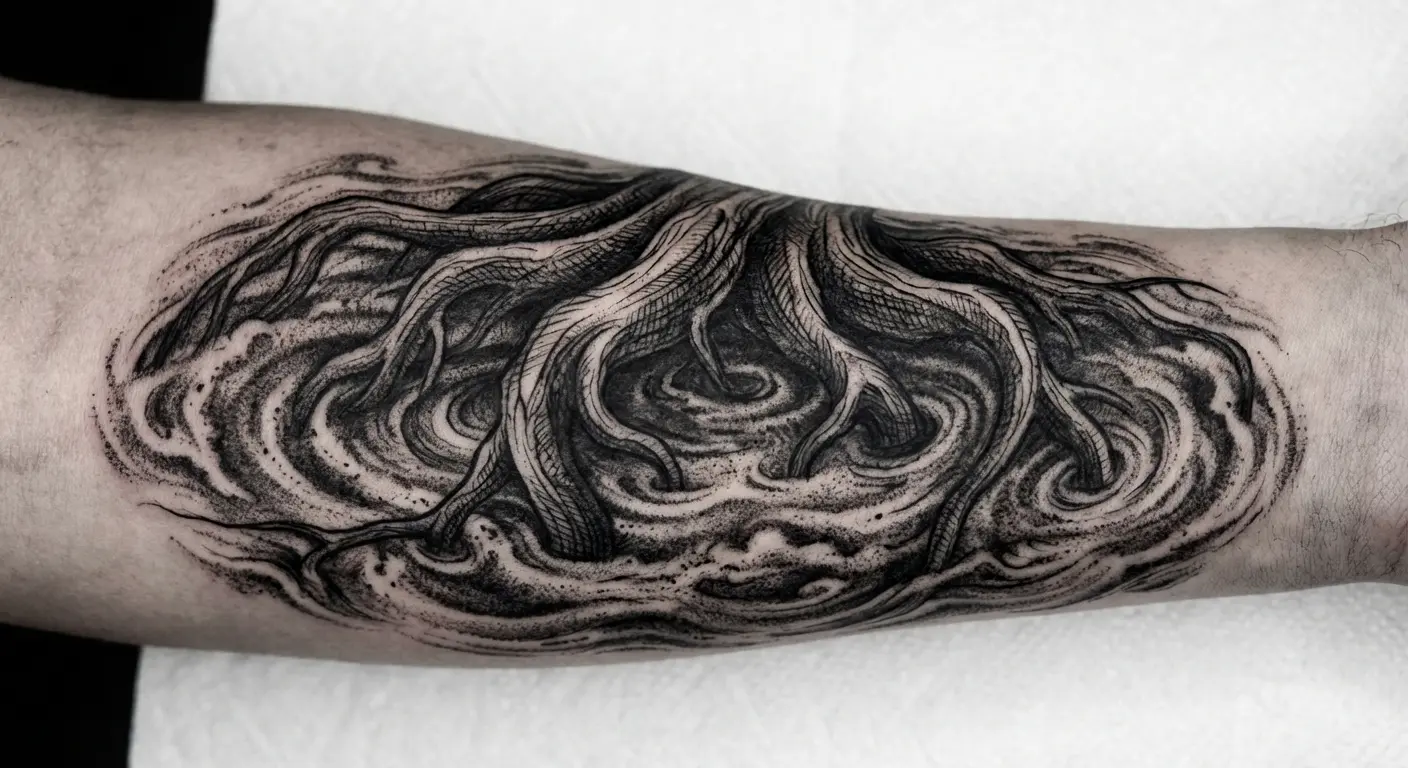Tattoo of tree roots absorbing dark liquid symbolizing tears and fears