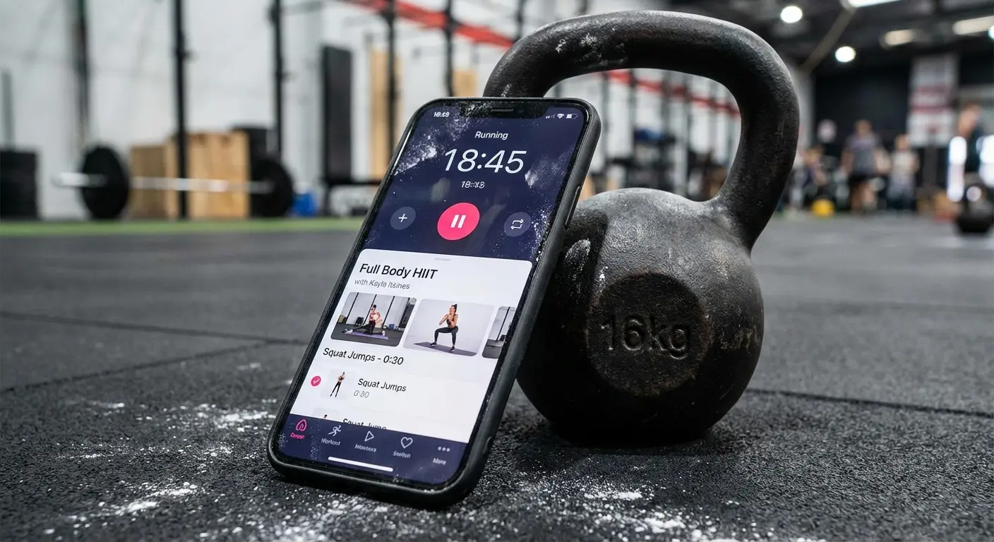 Woman doing a plank exercise with phone nearby