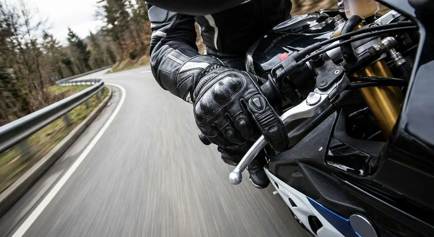Motorcycle rider demonstrating countersteering technique on highway