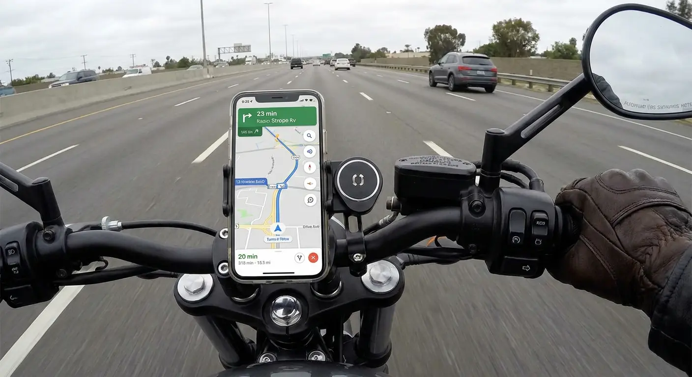 Phone mounted on cruiser motorcycle handlebar