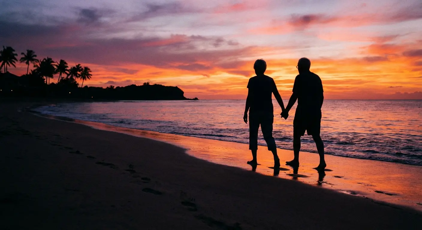 Older couple holding hands walking on a beach