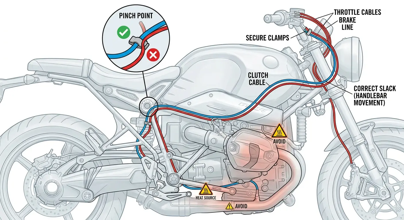 Clean cable routing on Indian motorcycle handlebars with organized wire management
