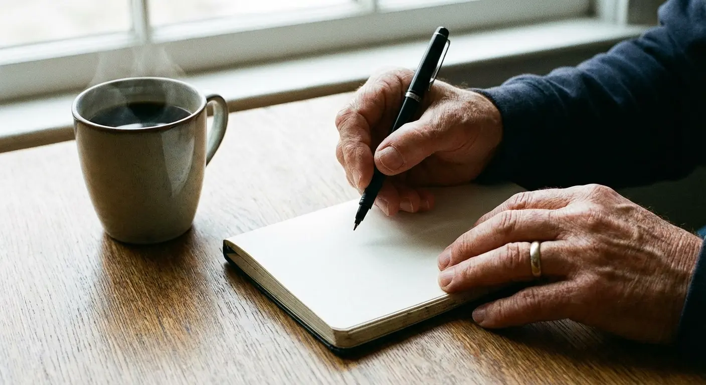 Man writing a heartfelt eulogy for his father at a wooden desk