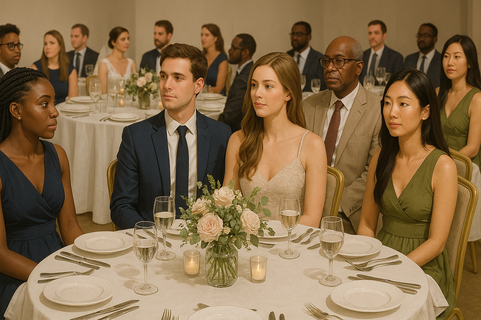 Wedding guests listening to sister's speech