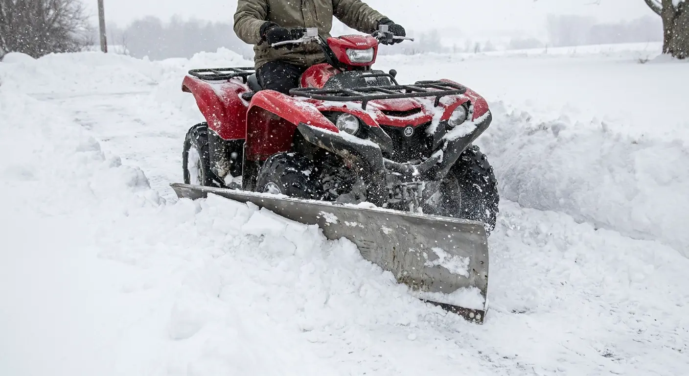 ATV equipped with snow plow attachment