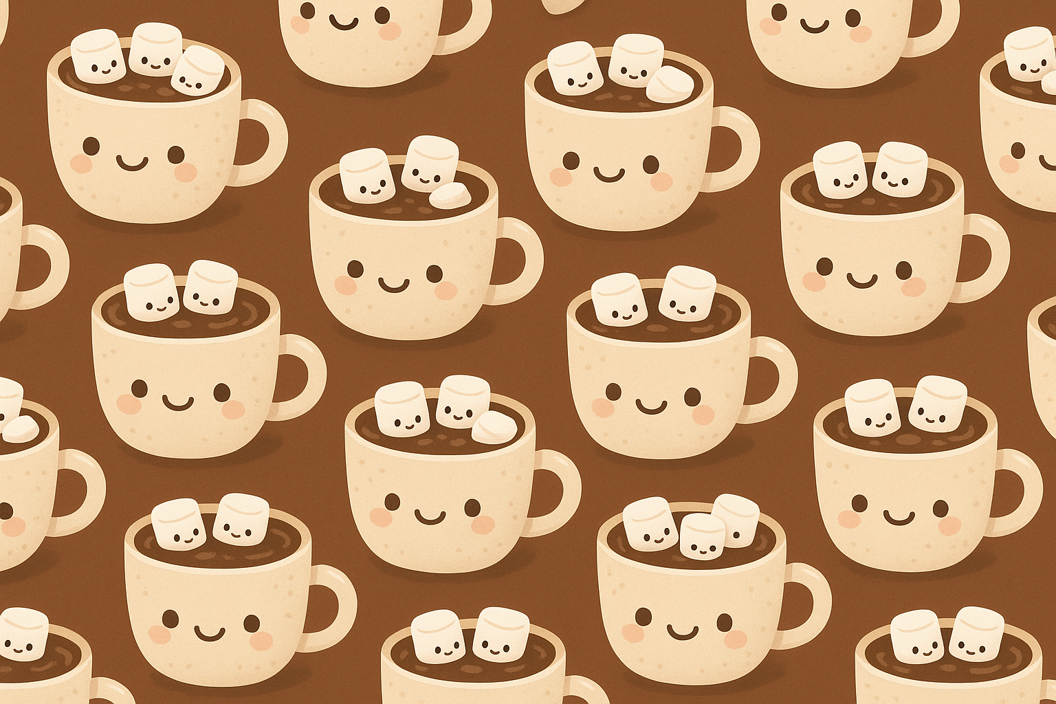 Repeating pattern of cute hot chocolate mugs and marshmallows