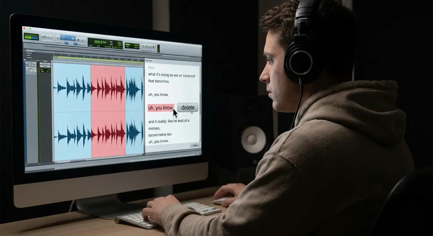 Descript audio editing workspace