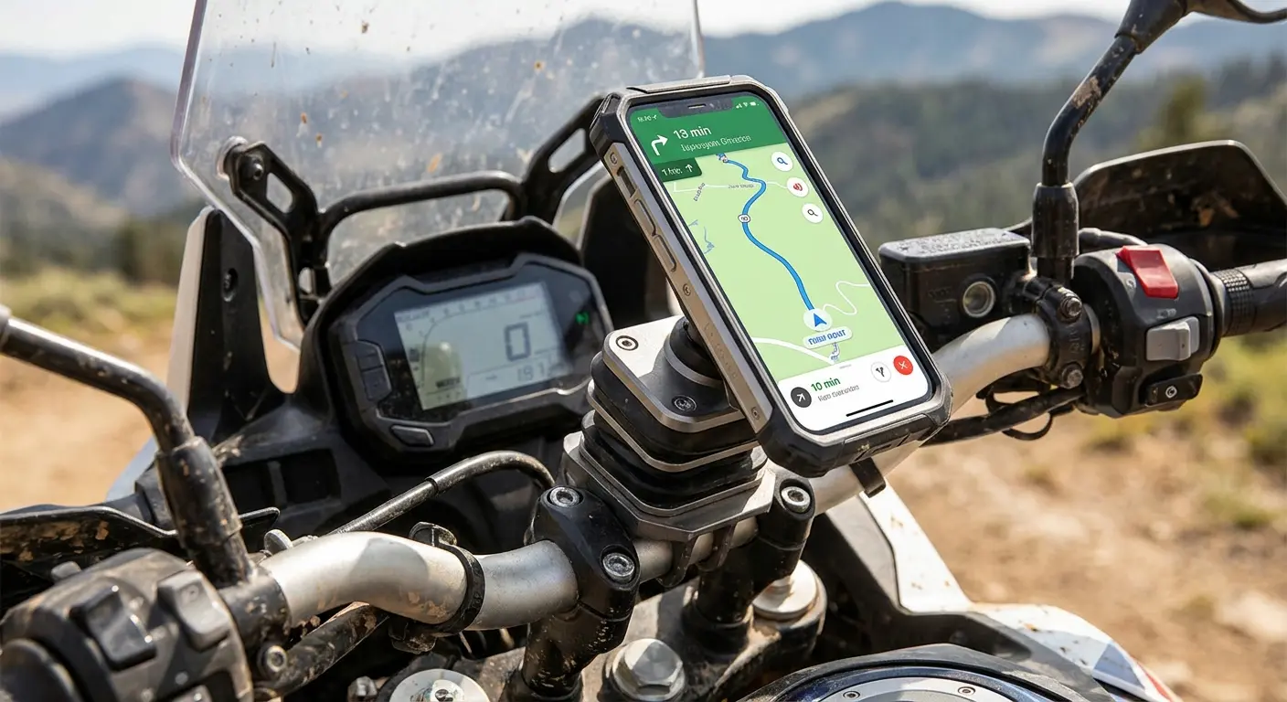 Phone securely mounted on motorcycle handlebars
