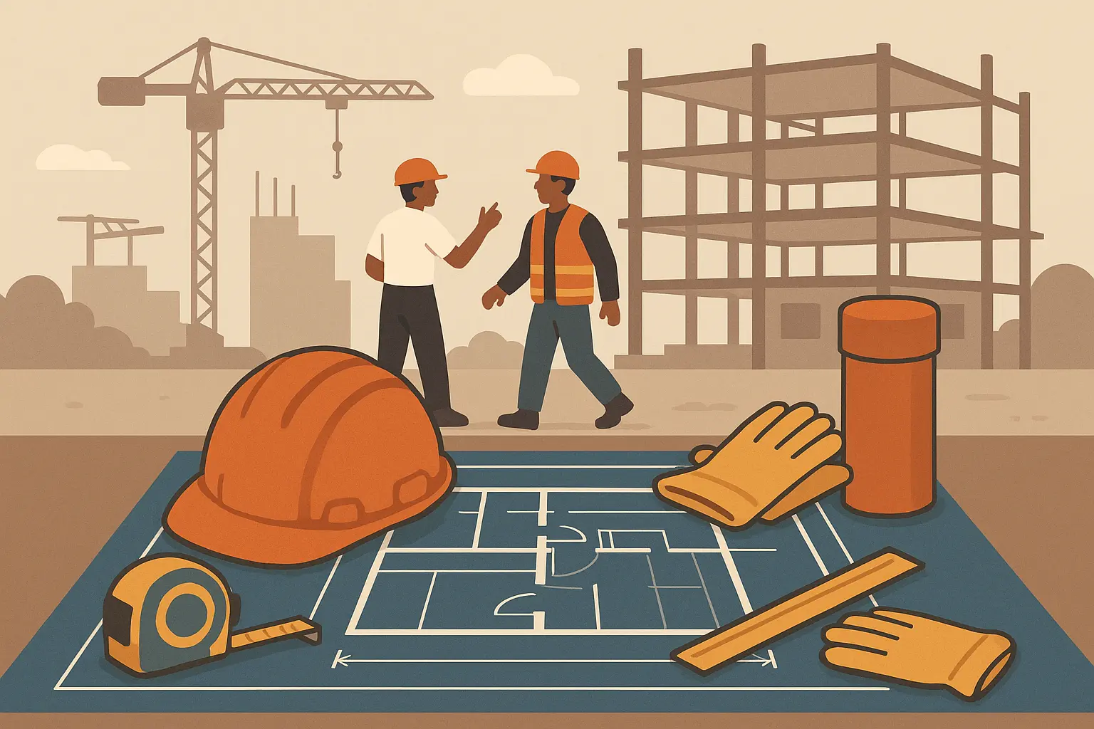 Construction project manager reviewing blueprints on site