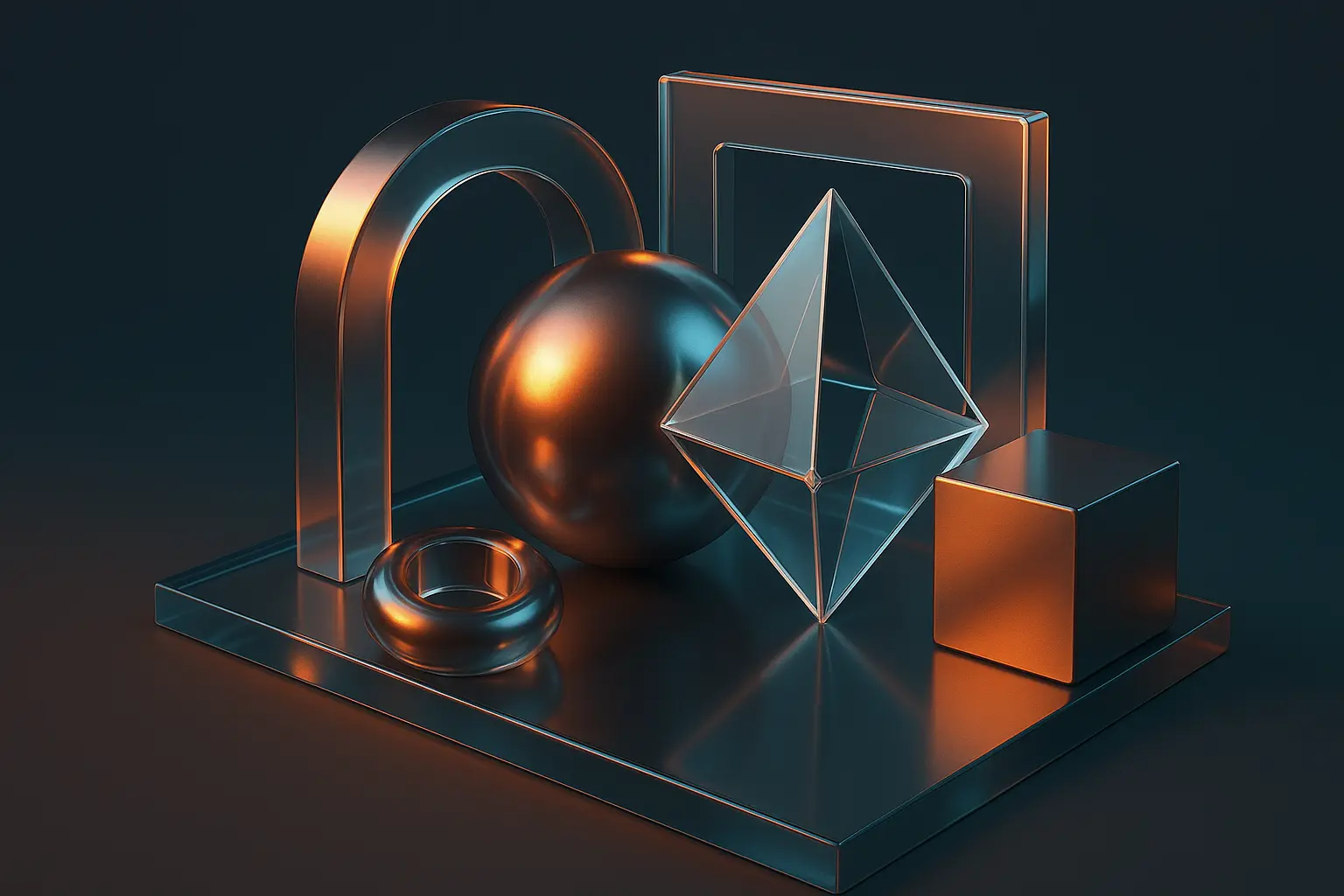 3D abstract design with complex lighting effects and metallic surfaces