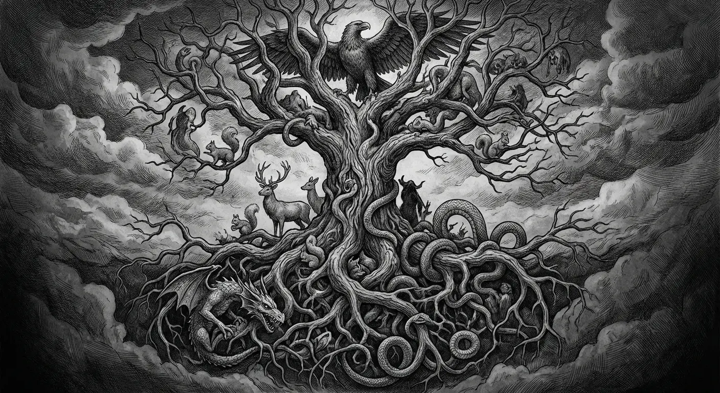Yggdrasil world tree tattoo sleeve design