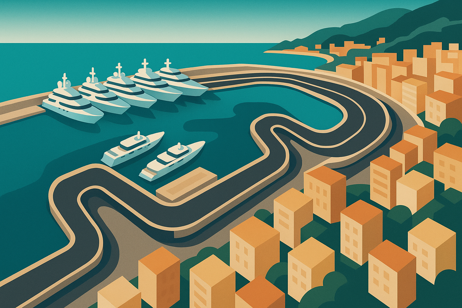 Aerial view of Monaco Grand Prix circuit with cars racing