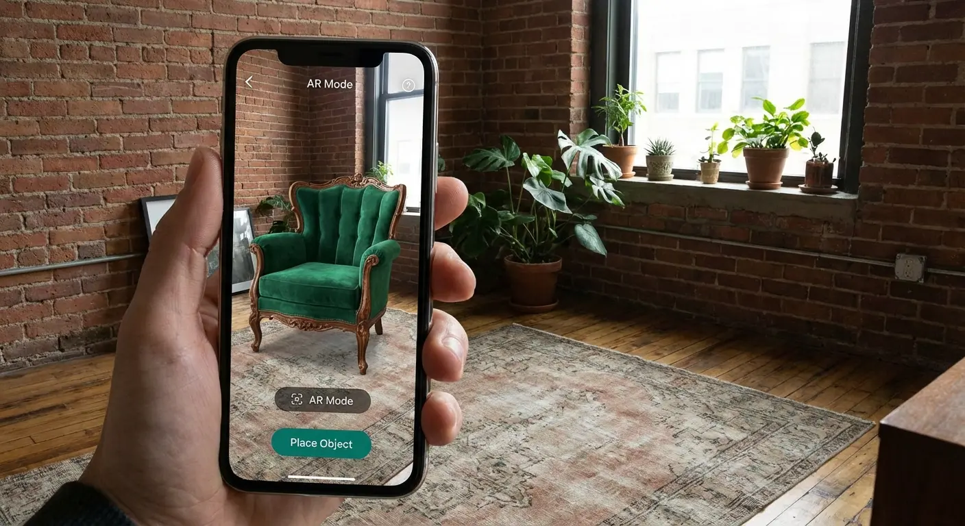 Augmented reality view of a vintage chair placed in a room via Chairish app