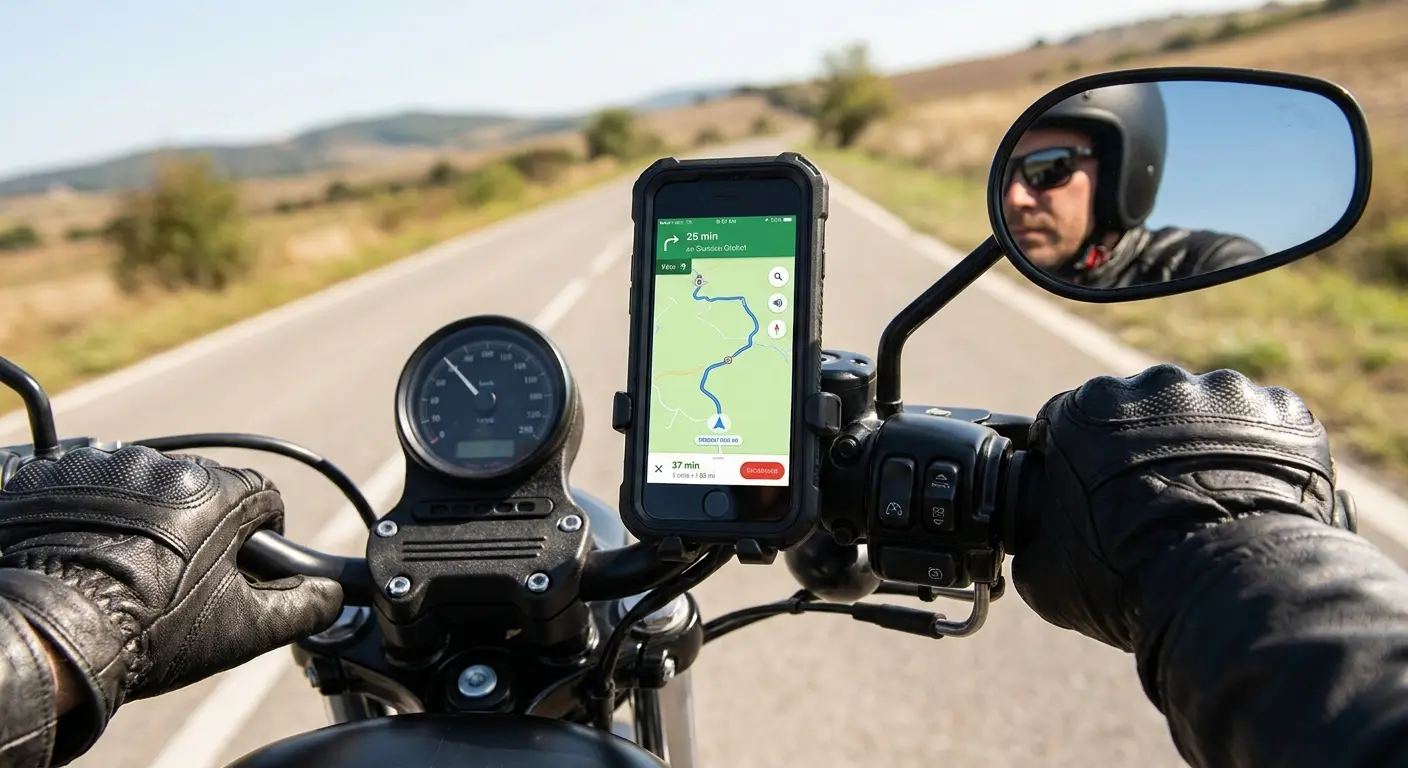 Motorcycle phone mount with sunglasses on handlebars