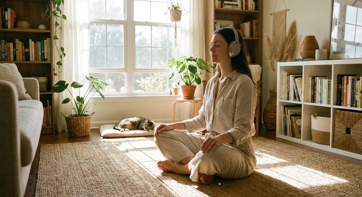 Person using a mindfulness app in a peaceful setting
