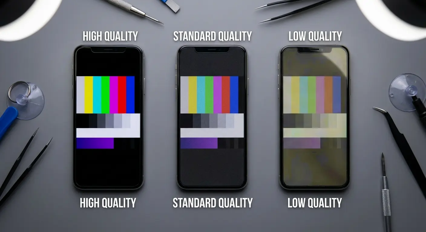 Phone screen replacement components laid out