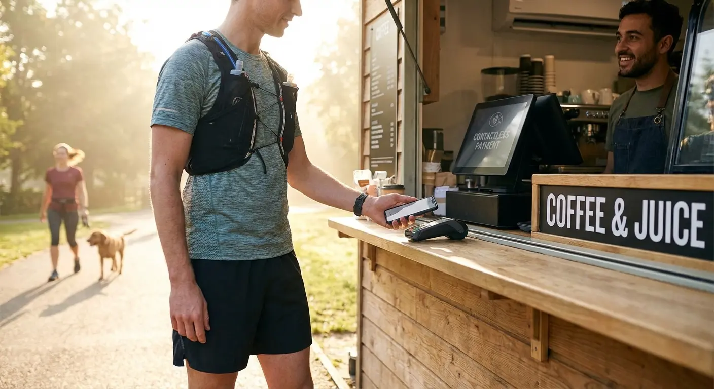 Runner making mobile payment at coffee shop