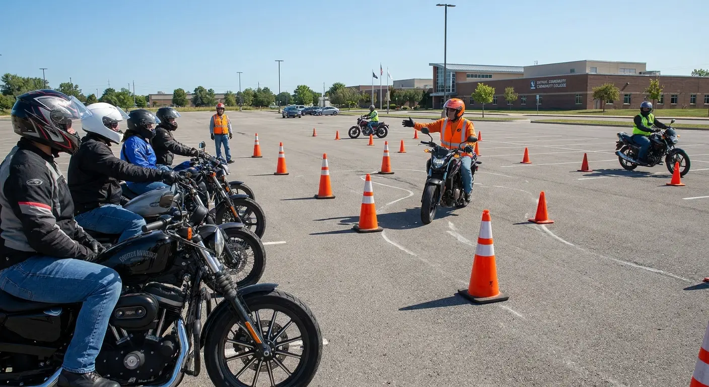 Motorcycle safety course students practicing maneuvers