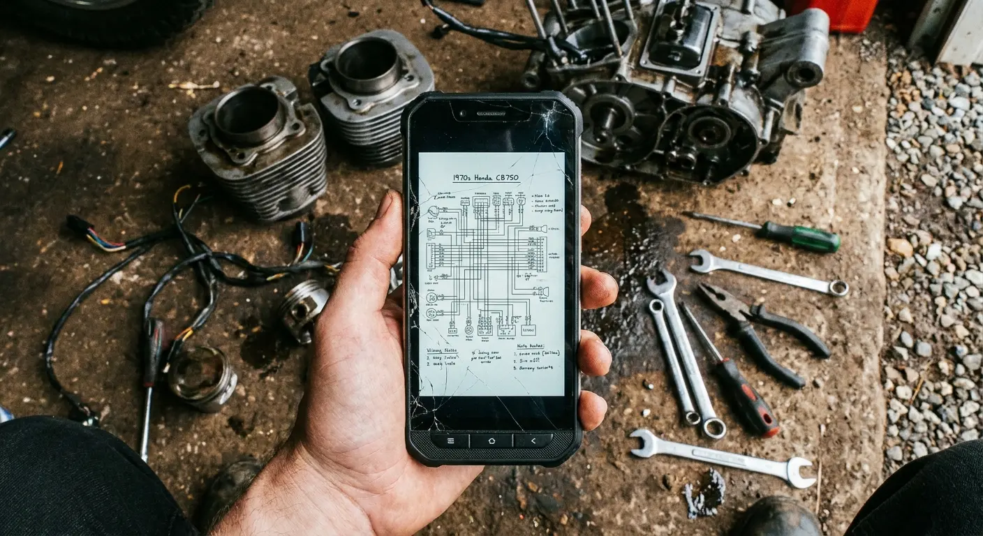 Rider photographing motorcycle electrical connections with phone