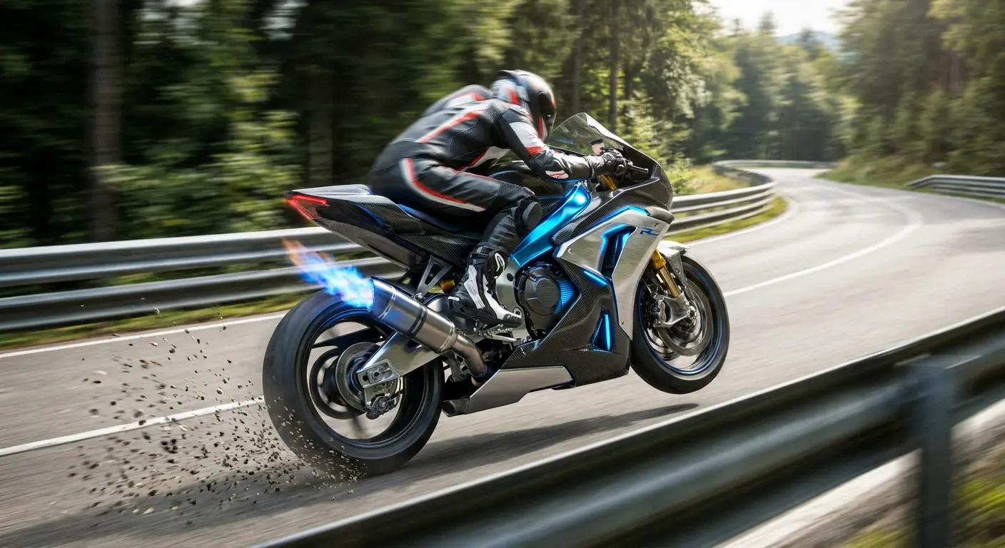 Performance hybrid motorcycle on winding road
