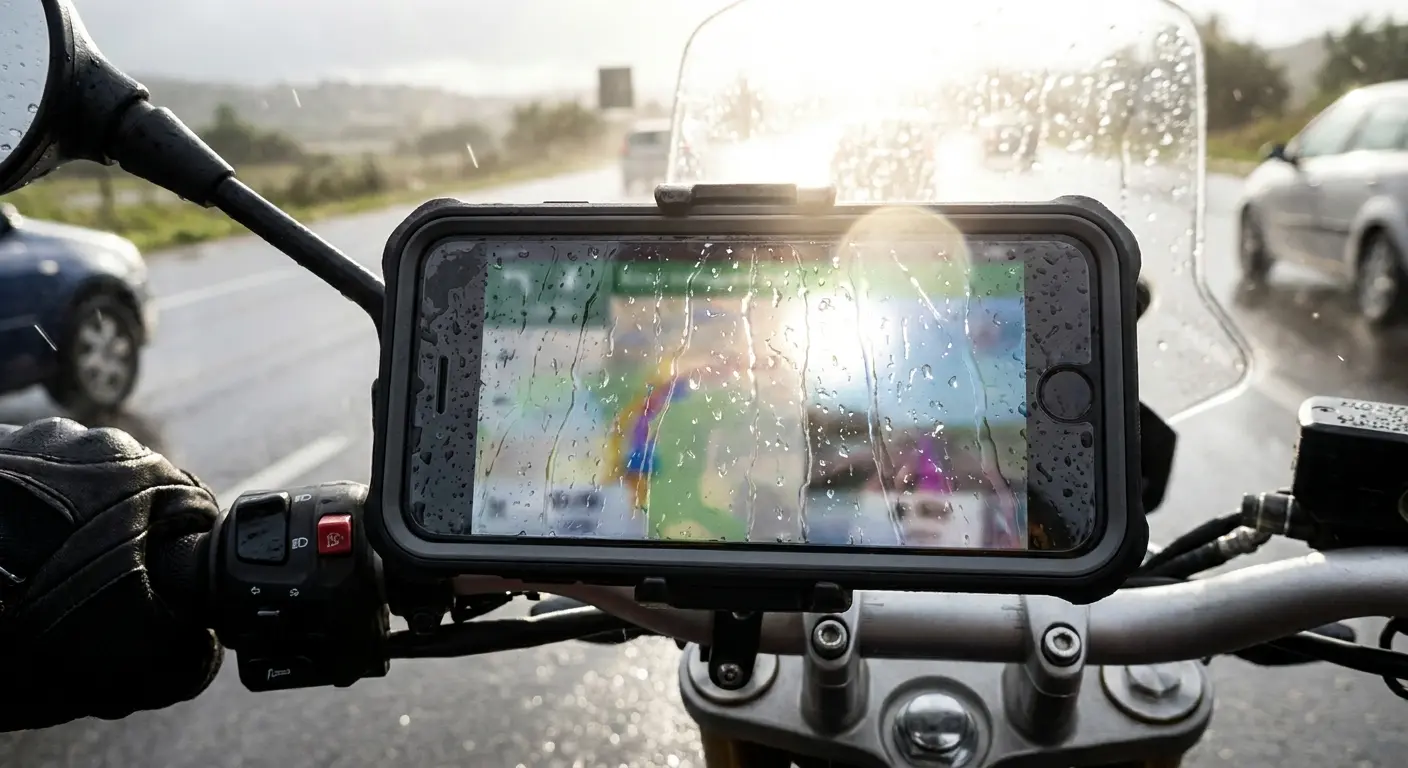 Phone screen with sun glare on motorcycle
