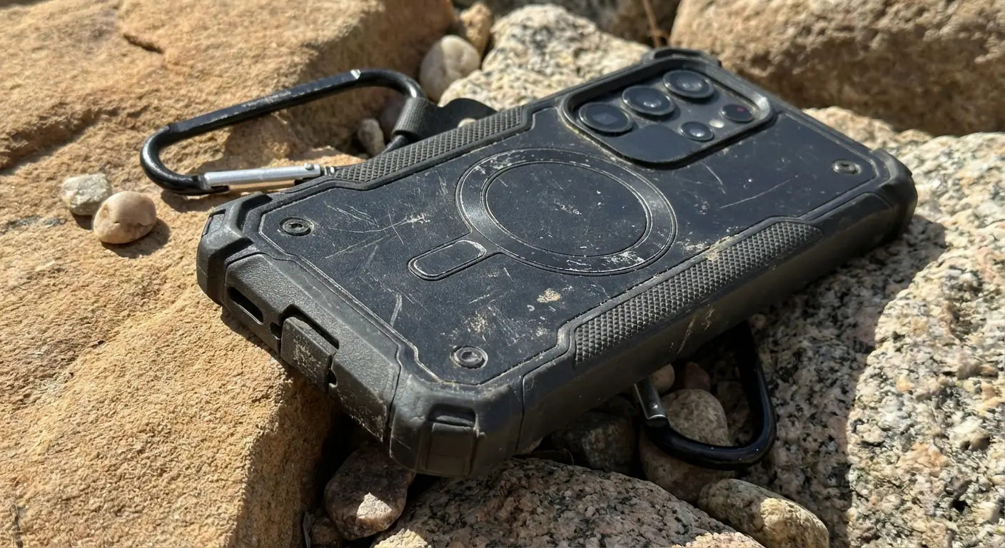 Rugged Rokform case protecting a phone in an outdoor environment