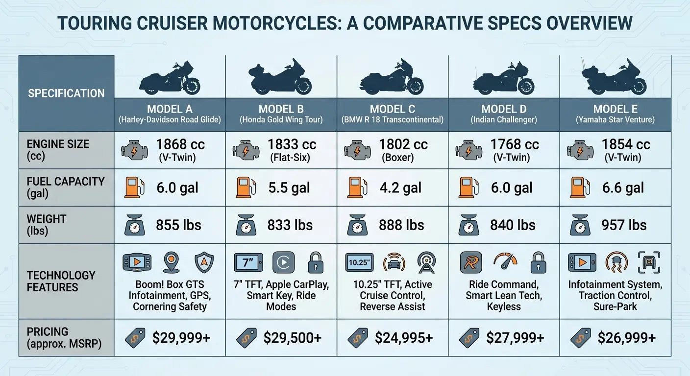 Touring cruiser motorcycle loaded for long distance