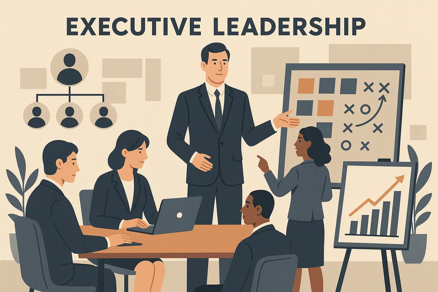 Executive marketing dashboard showing revenue growth and team metrics