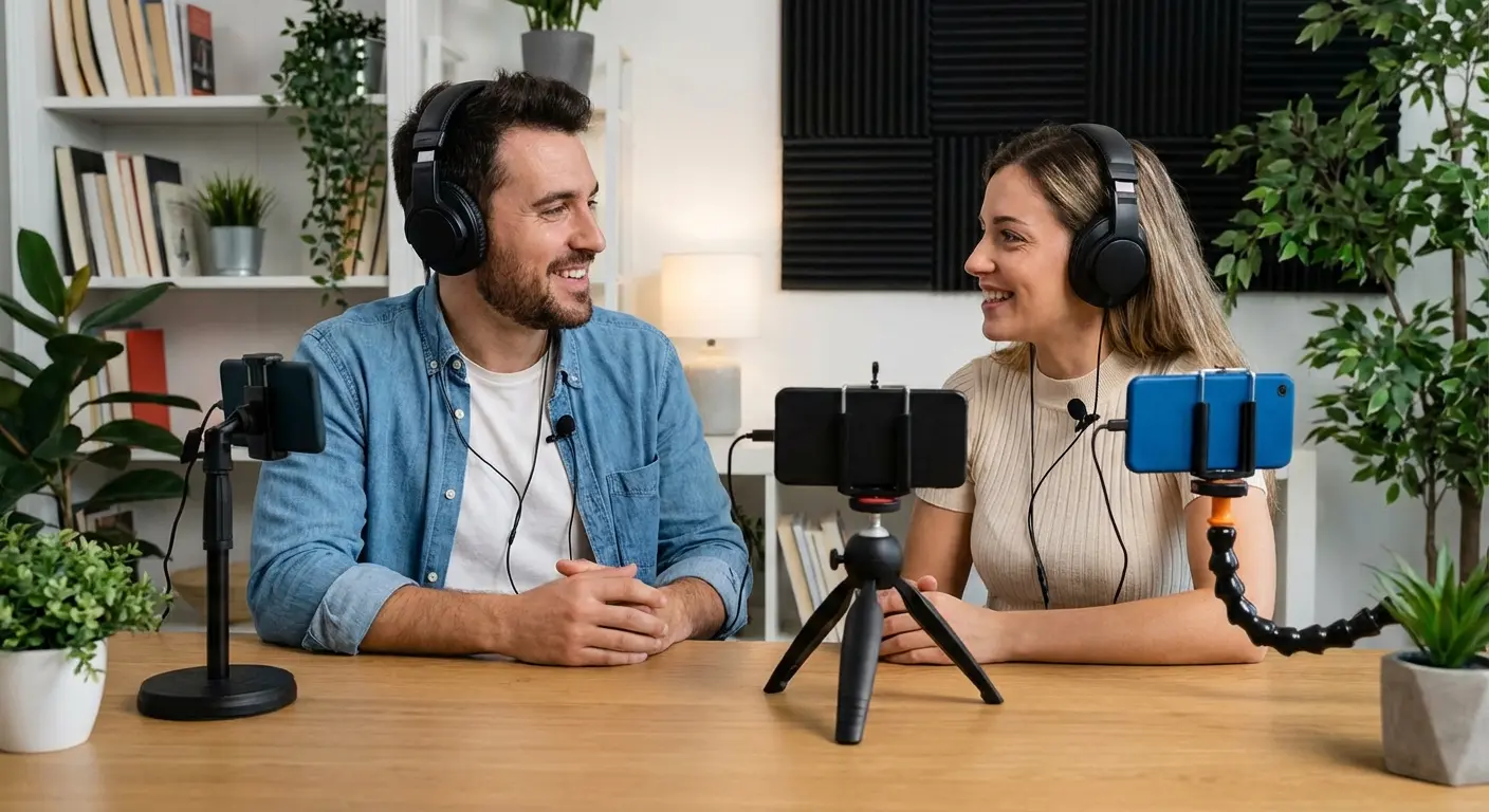 Podcast recording setup with phone microphone