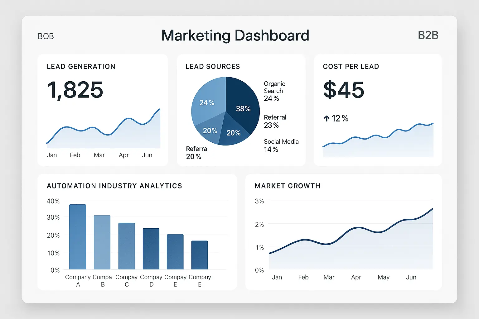 Marketing dashboard showing automation company performance metrics