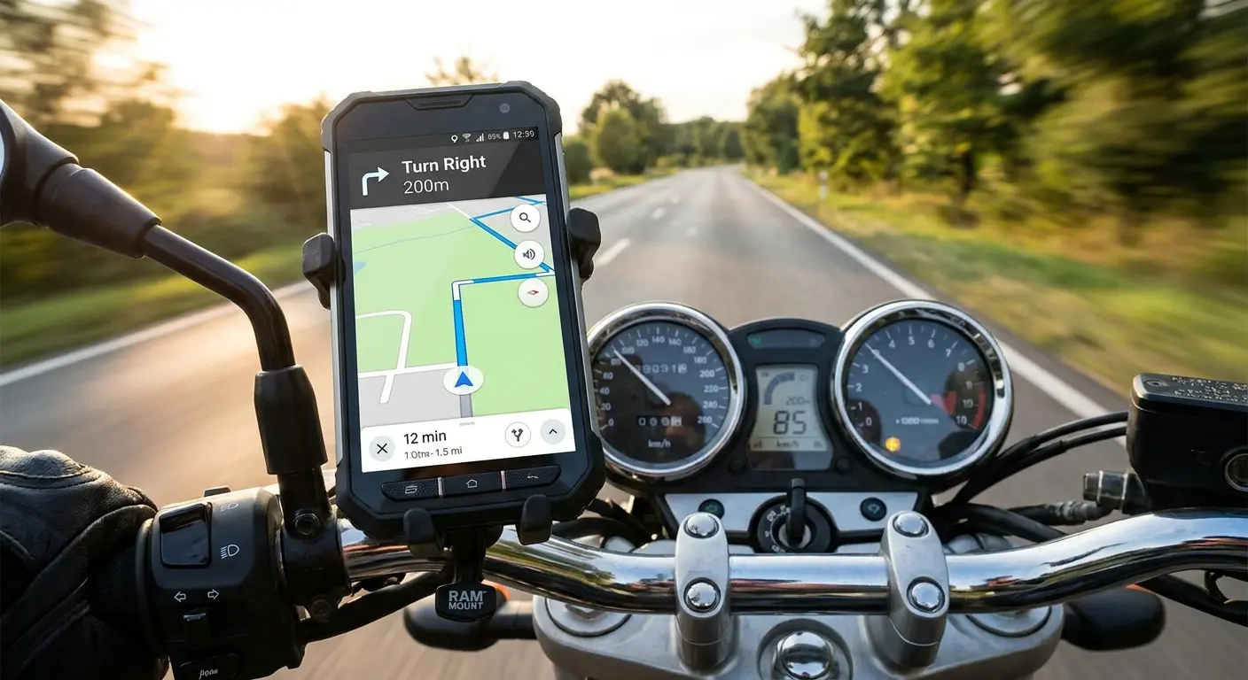 Motorcycle phone mount on handlebars