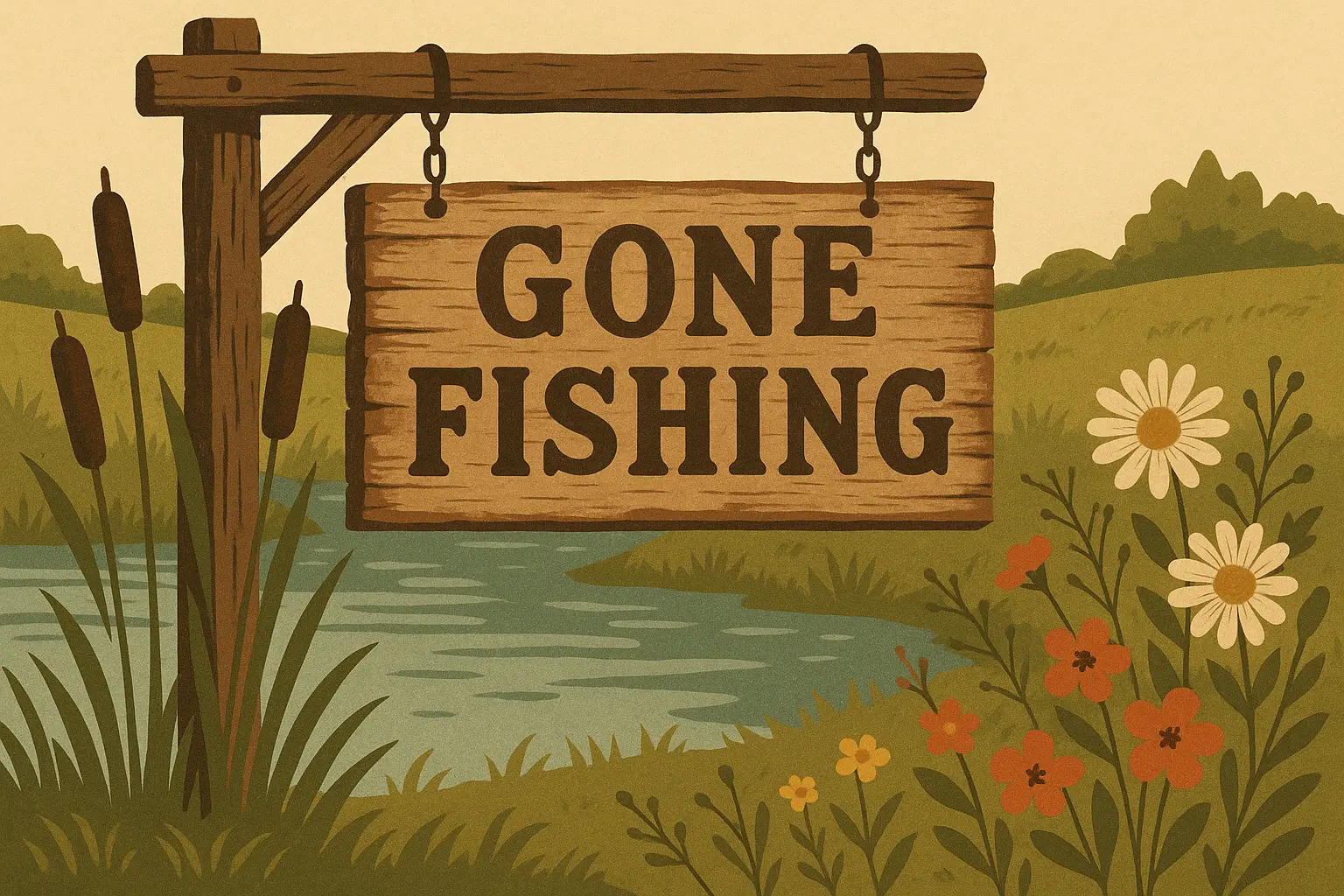Empty fishing chair by water representing gone fishing theme