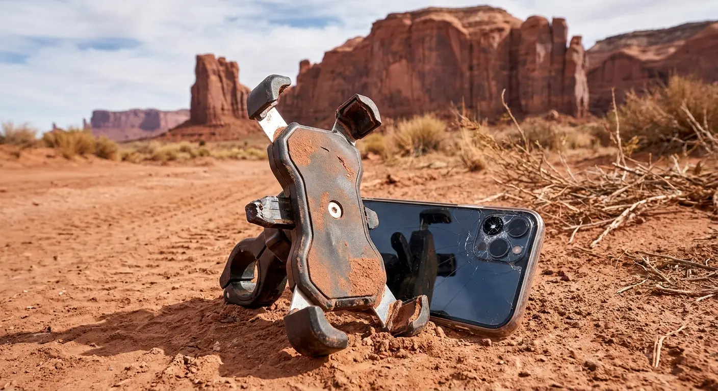 Motorcycle phone mount on dirt road terrain
