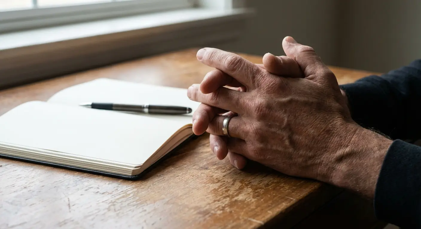 Person staring at a blank page struggling to write a funeral speech