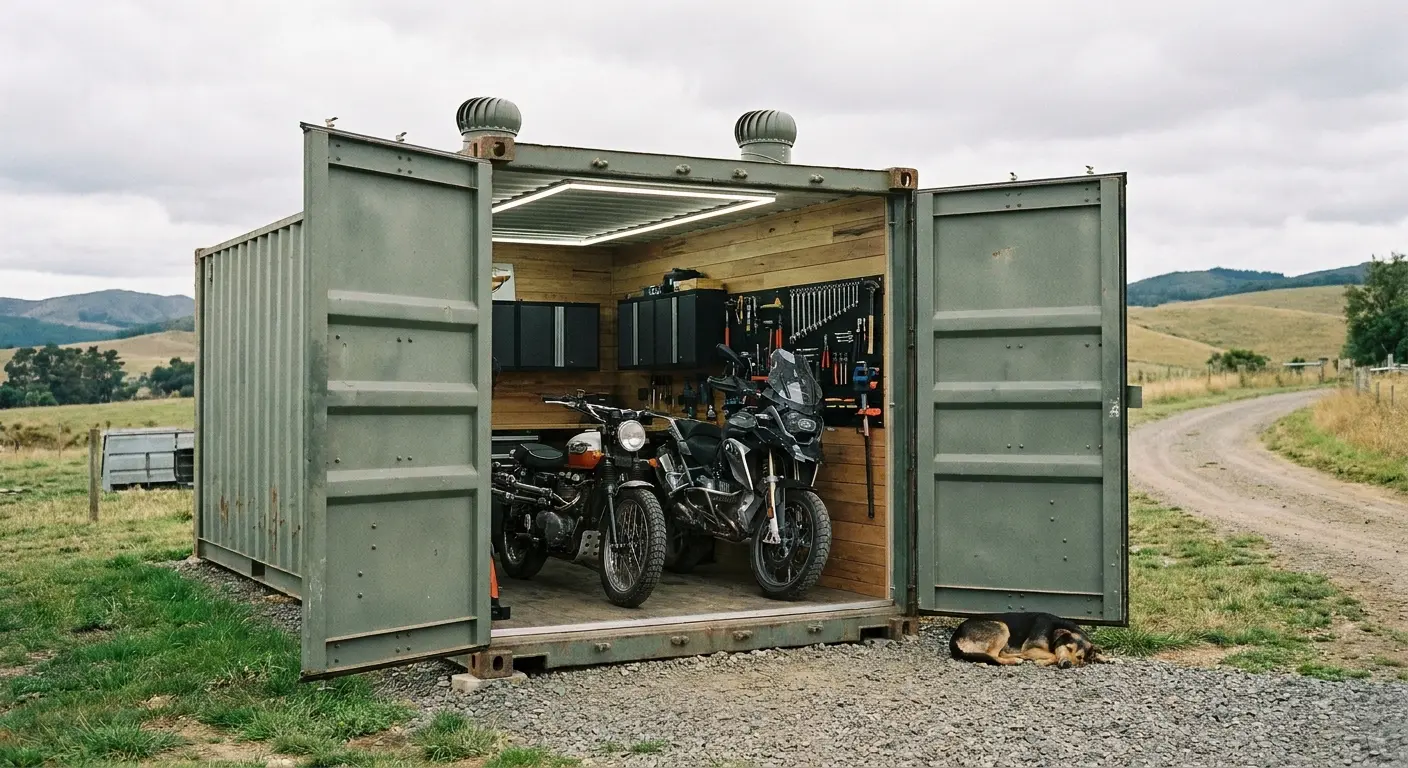 Shipping container converted to motorcycle storage
