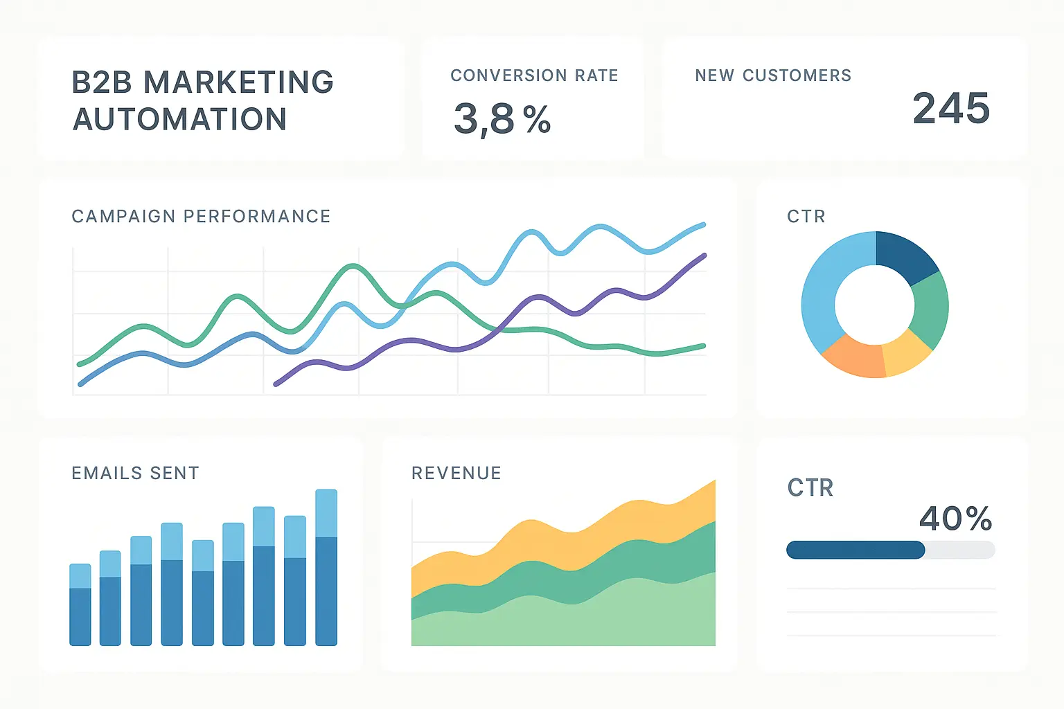 B2B marketing automation dashboard showing performance metrics