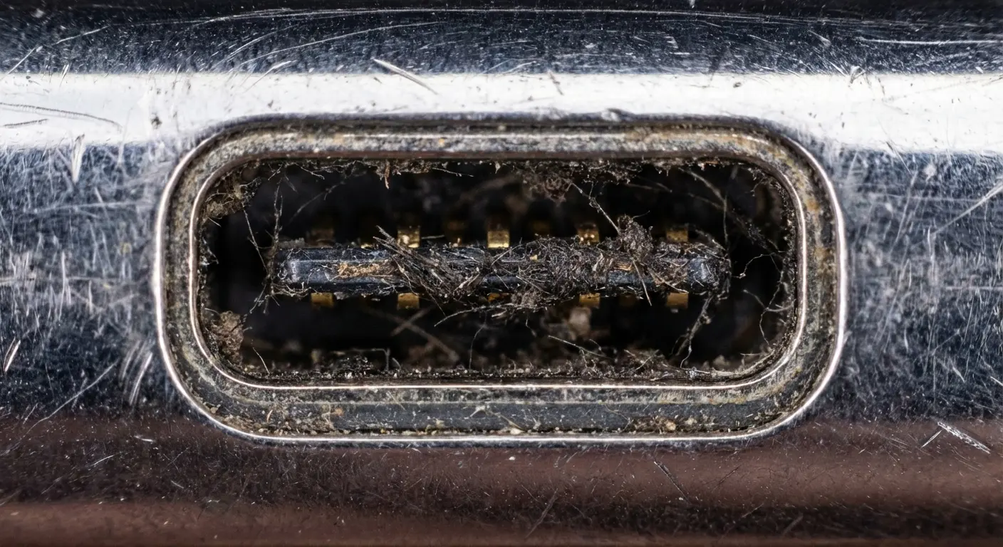 Compressed lint blocking phone charging port